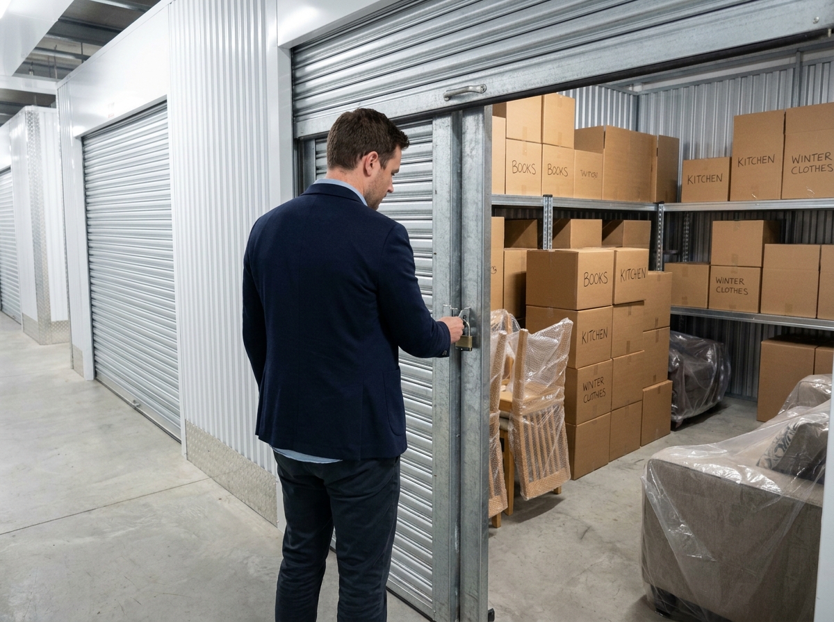 Jeune homme ouvrant une porte de stockage organisé