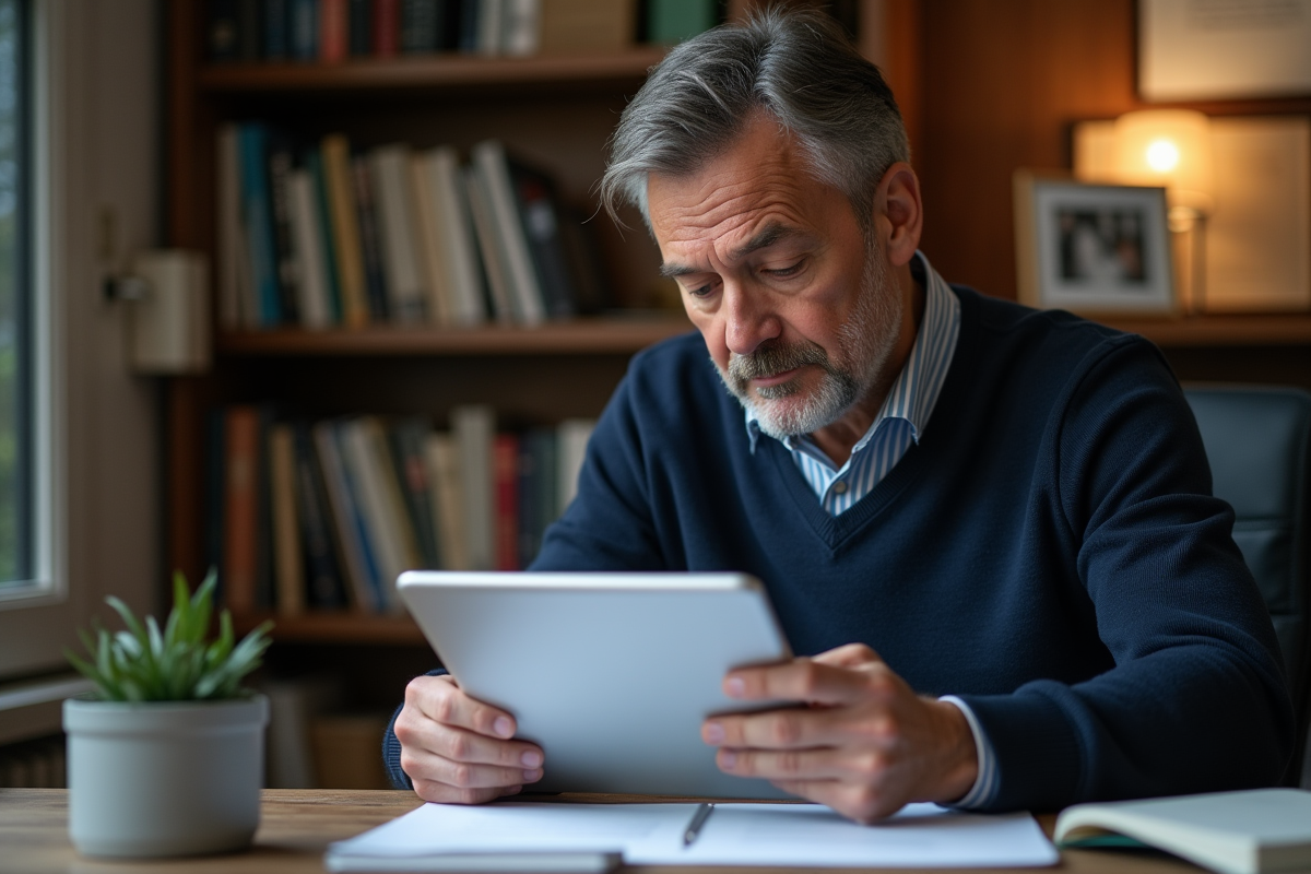 Homme d age examinant un certificat et utilisant une tablette