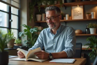 Homme d'âge moyen lisant un livre de proverbes dans un bureau cosy