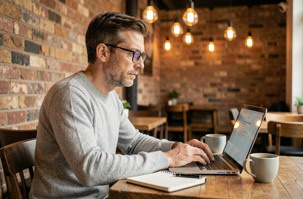 Homme rédigeant un message de départ pour un collègue depuis un café avec son ordinateur portable