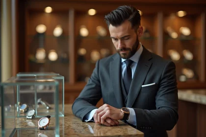 Homme en costume élégant examinant une montre de luxe dans une boutique Richemont au design raffiné