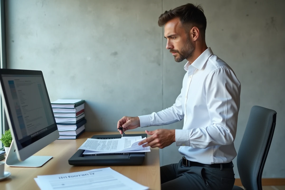 Homme professionnel numérisant des documents légaux pour les archiver dans un coffre électronique sécurisé en ligne