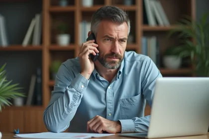 Homme d'&acirc;ge moyen au bureau avec smartphone et ordinateur