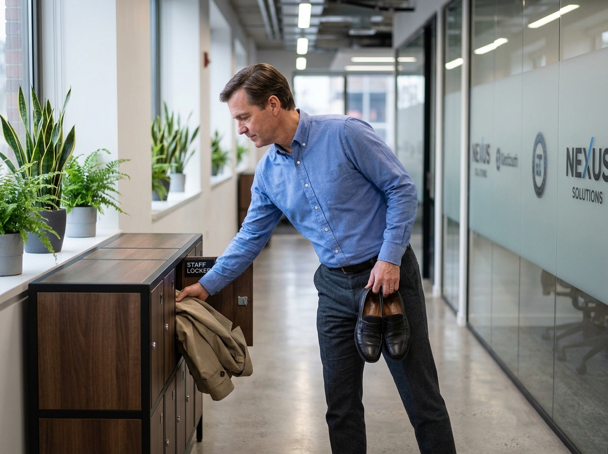 Homme arrangeant ses affaires dans un casier de bureau
