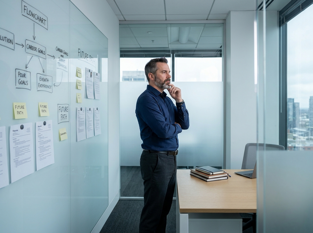 Un homme en reconversion professionnelle analysant son plan de carrière devant un tableau blanc dans un bureau épuré