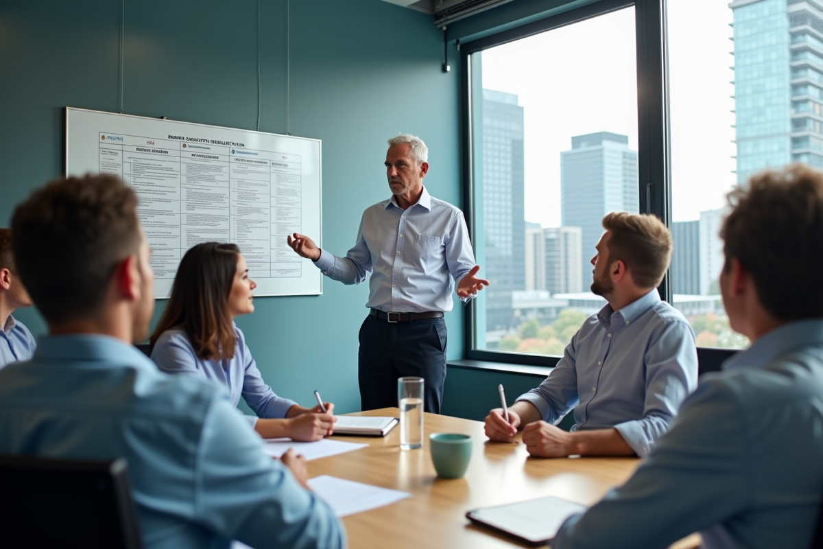 Homme en réunion expliquant une regulation au groupe