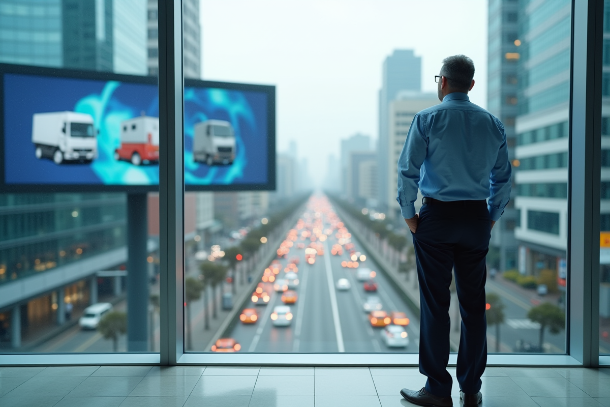 Homme regardant une affiche publicitaire dans une ville animée