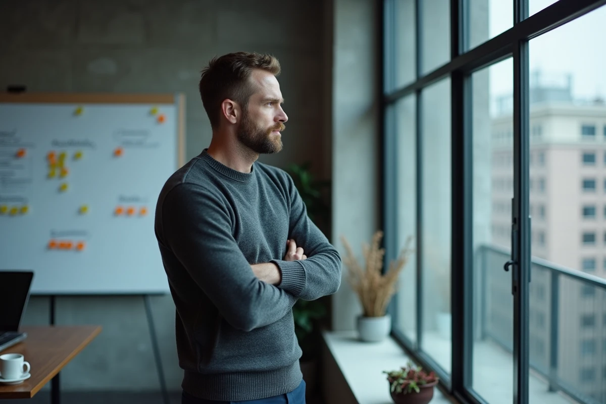 Homme en réflexion dans un espace de co-working, symbolisant l'hésitation et la prise de décision face à une nouvelle opportunité