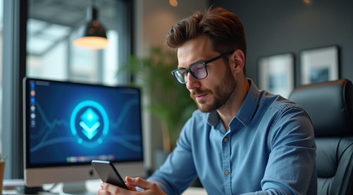 Homme d'affaires regardant son smartphone avec logo crypto