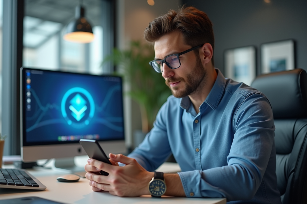Homme d'affaires regardant son smartphone avec logo crypto