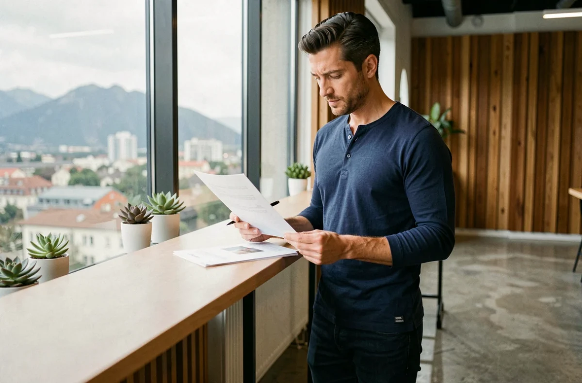 Homme travaillant debout dans un coworking avec vue sur les Pyrénées à Pau