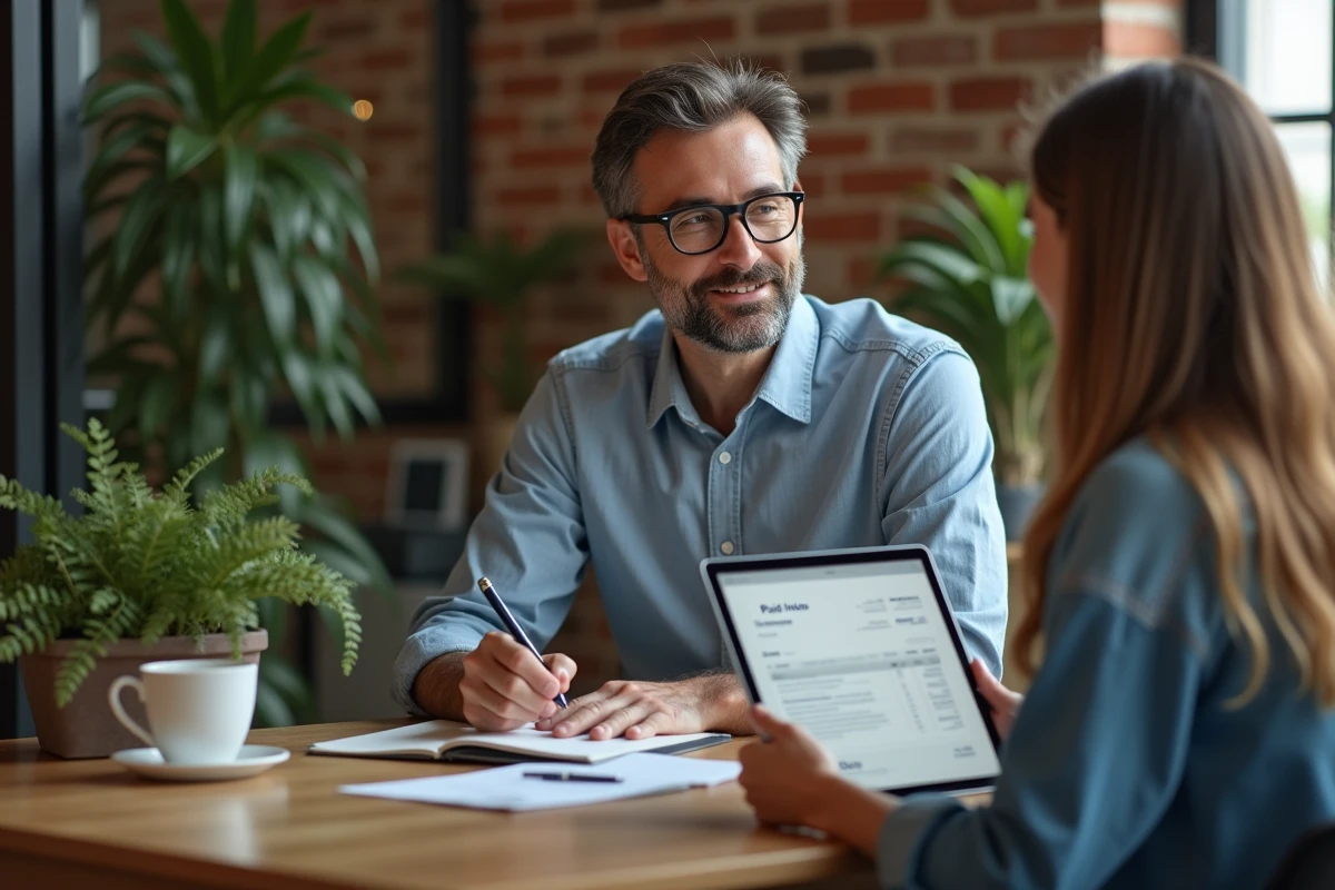 Homme expliquant une facture digitale &agrave; une jeune femme