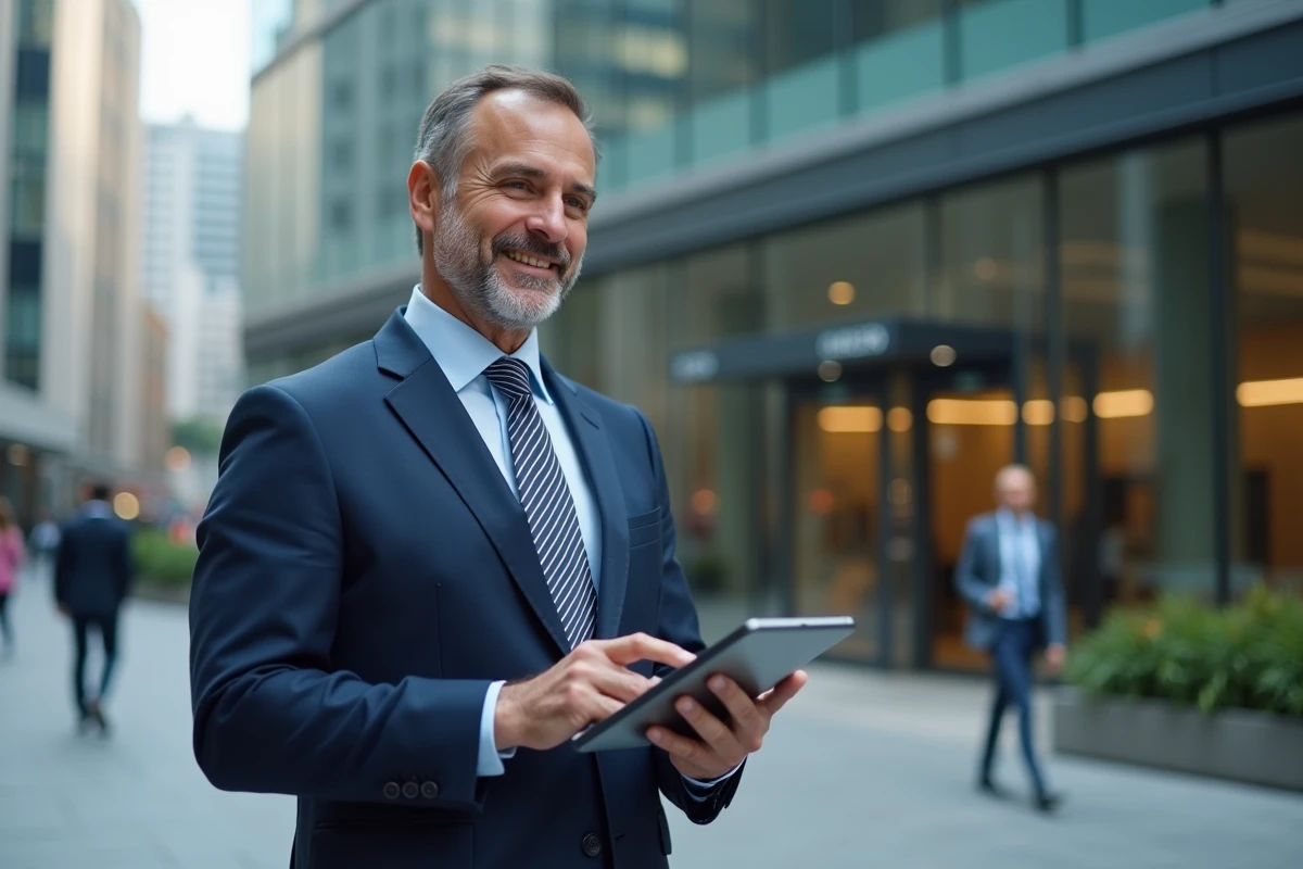 Homme d affaires souriant devant un bâtiment moderne