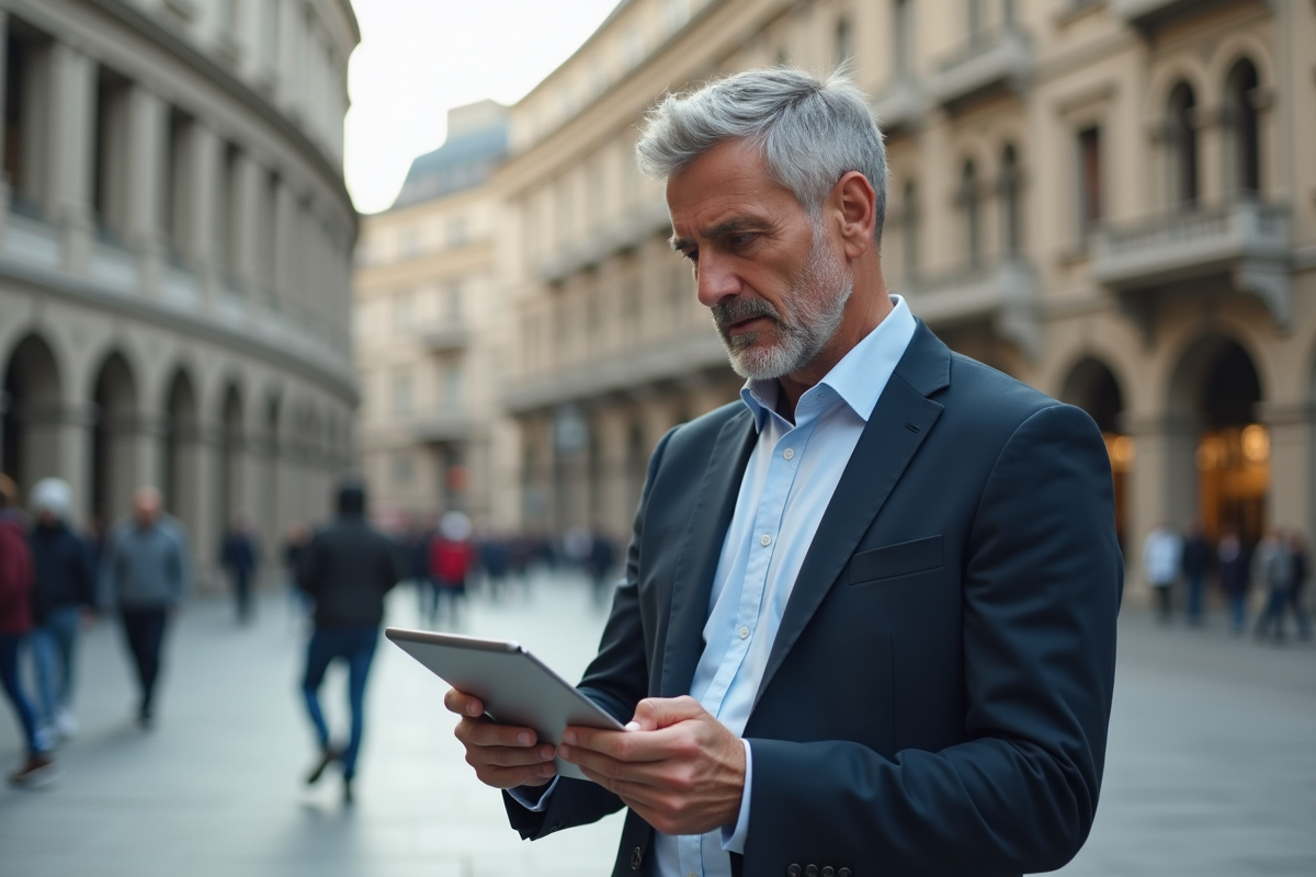 Homme d affaires consulte des statistiques en ville