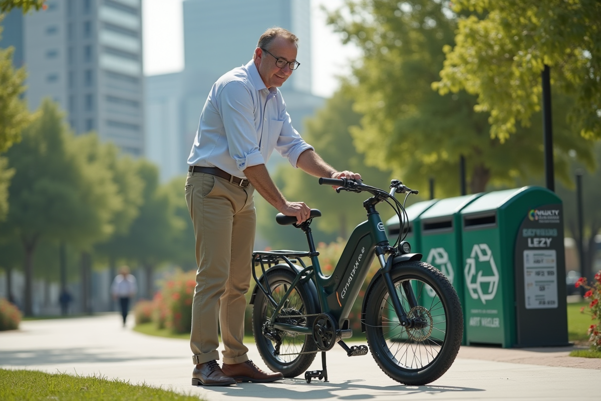 Homme en plein air examinant un vélo modulaire recyclé