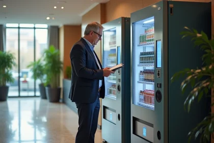 Homme d affaires vérifiant une machine dans un hall moderne