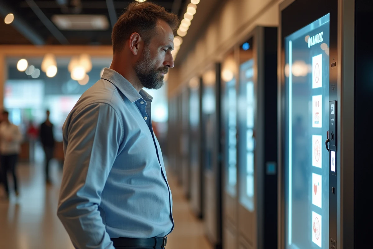 Homme d affaires examine une machine à pizza moderne
