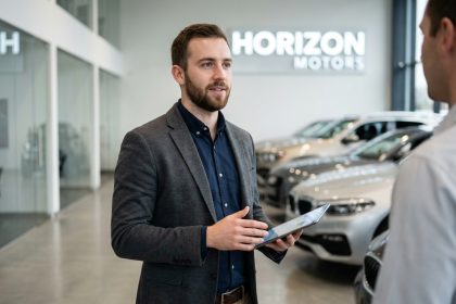 Jeune homme professionnel dans un showroom automobile