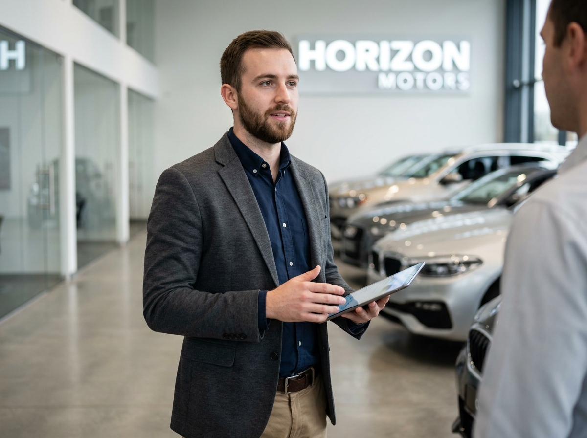 Jeune homme professionnel dans un showroom automobile