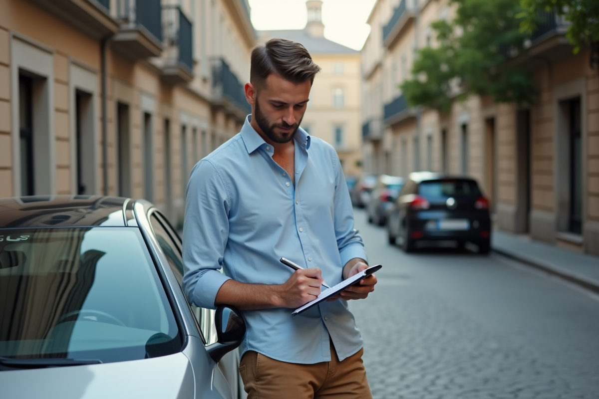 Jeune homme enregistrant le kilométrage de sa voiture en ville