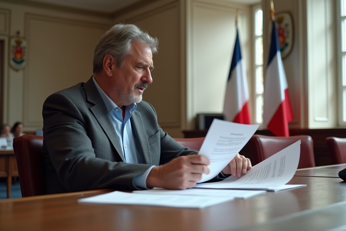 Homme en blazer examinant des documents dans une salle de réunion