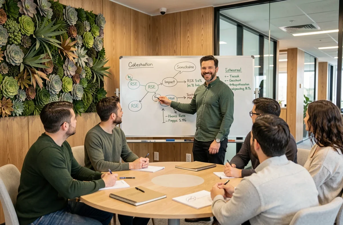 Consultant de l'agence Ideclap présentant une stratégie de communication web orientée RSE à son équipe