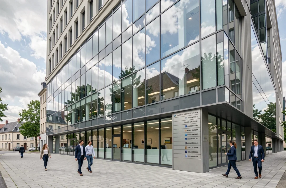 Façade extérieure d'un immeuble de bureaux moderne dans un quartier d'affaires de Cergy avec des professionnels en mouvement