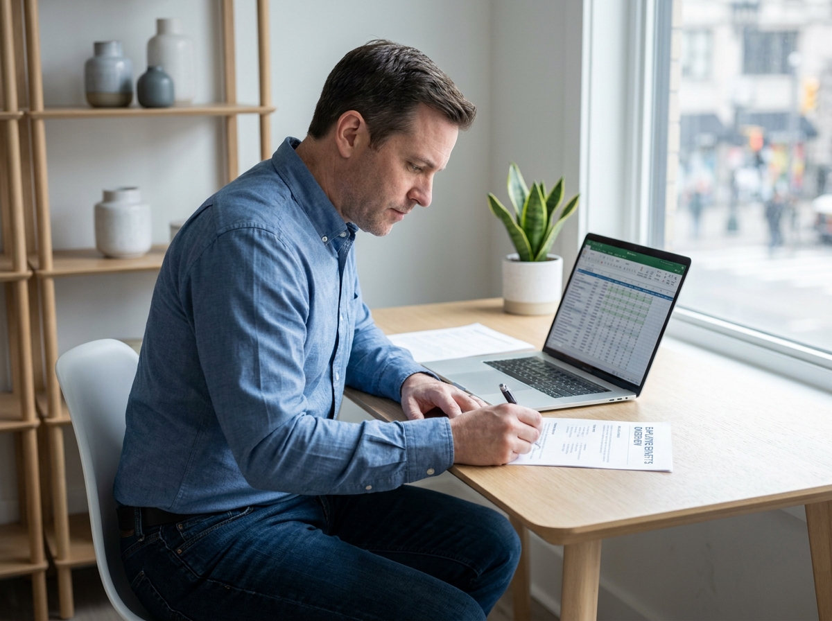 Travailleur indépendant consultant des documents sur les avantages salariaux dans un bureau moderne à domicile