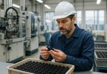 Ingénieur inspectant composants en caoutchouc dans une usine moderne