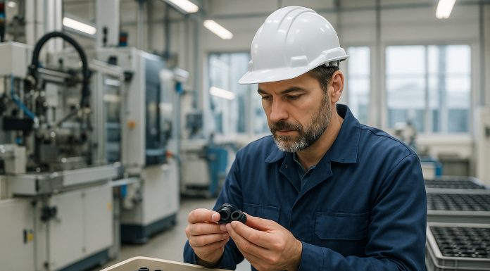 Ingénieur inspectant composants en caoutchouc dans une usine moderne