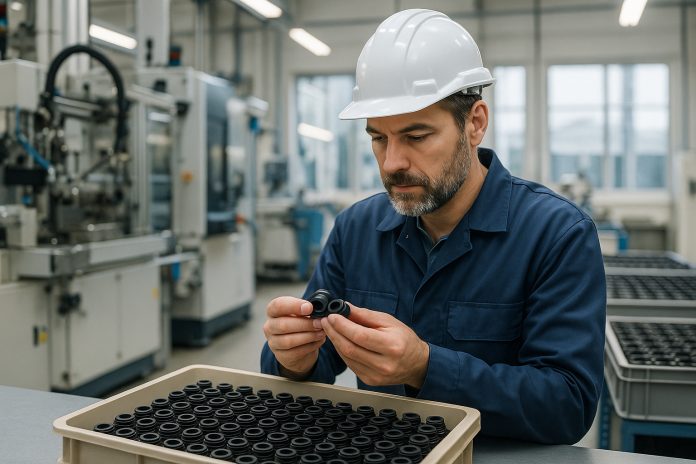 ingenieur-controle-moules-rubber Ingénieur inspectant composants en caoutchouc dans une usine moderne