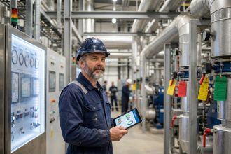Ingénieur en industrie avec tablette dans un centre de contrôle