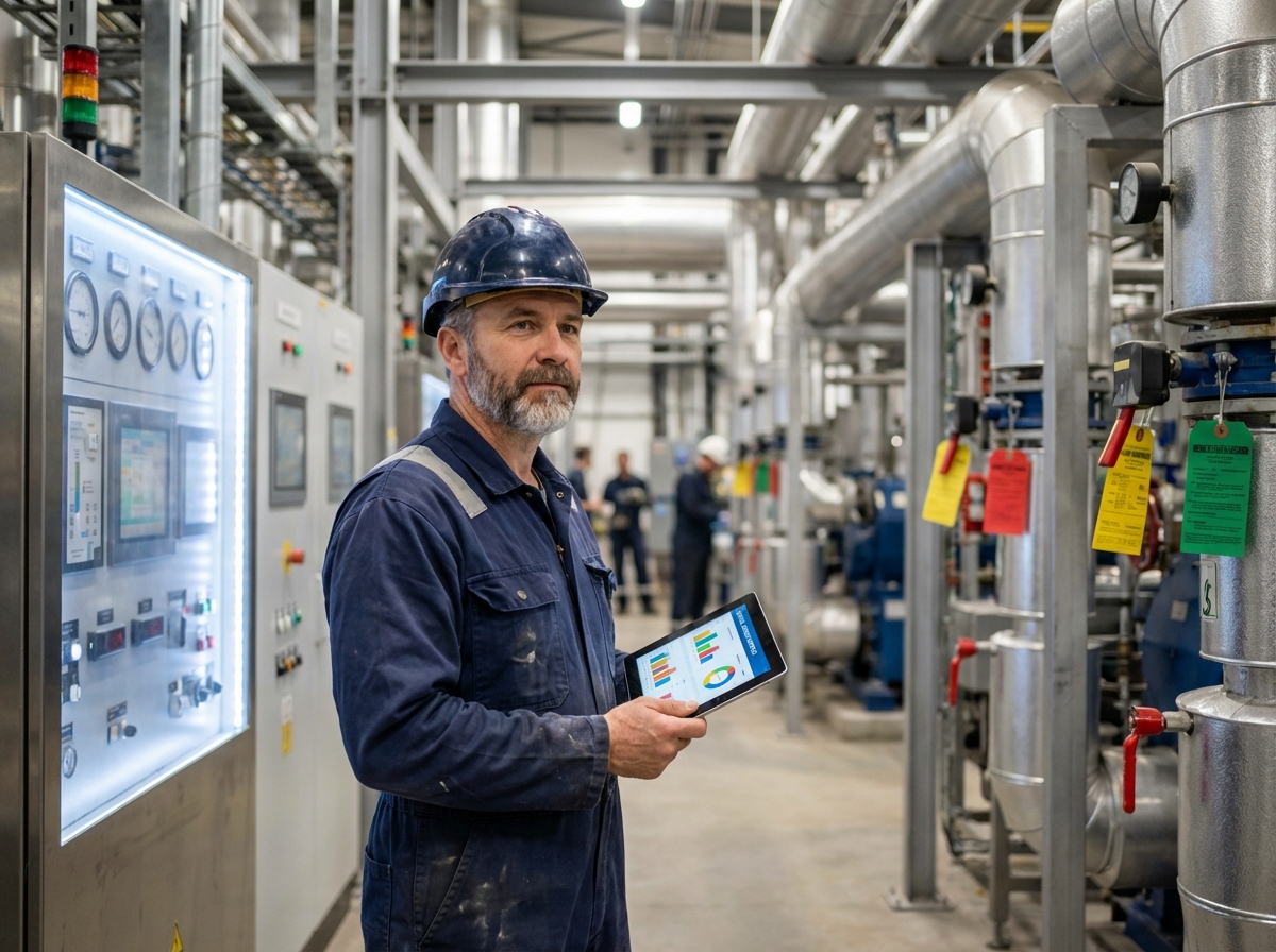 Ingénieur en industrie avec tablette dans un centre de contrôle