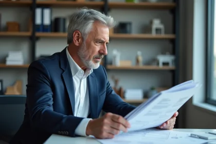 Ing&eacute;nieur homme en costume bleu examinant des documents