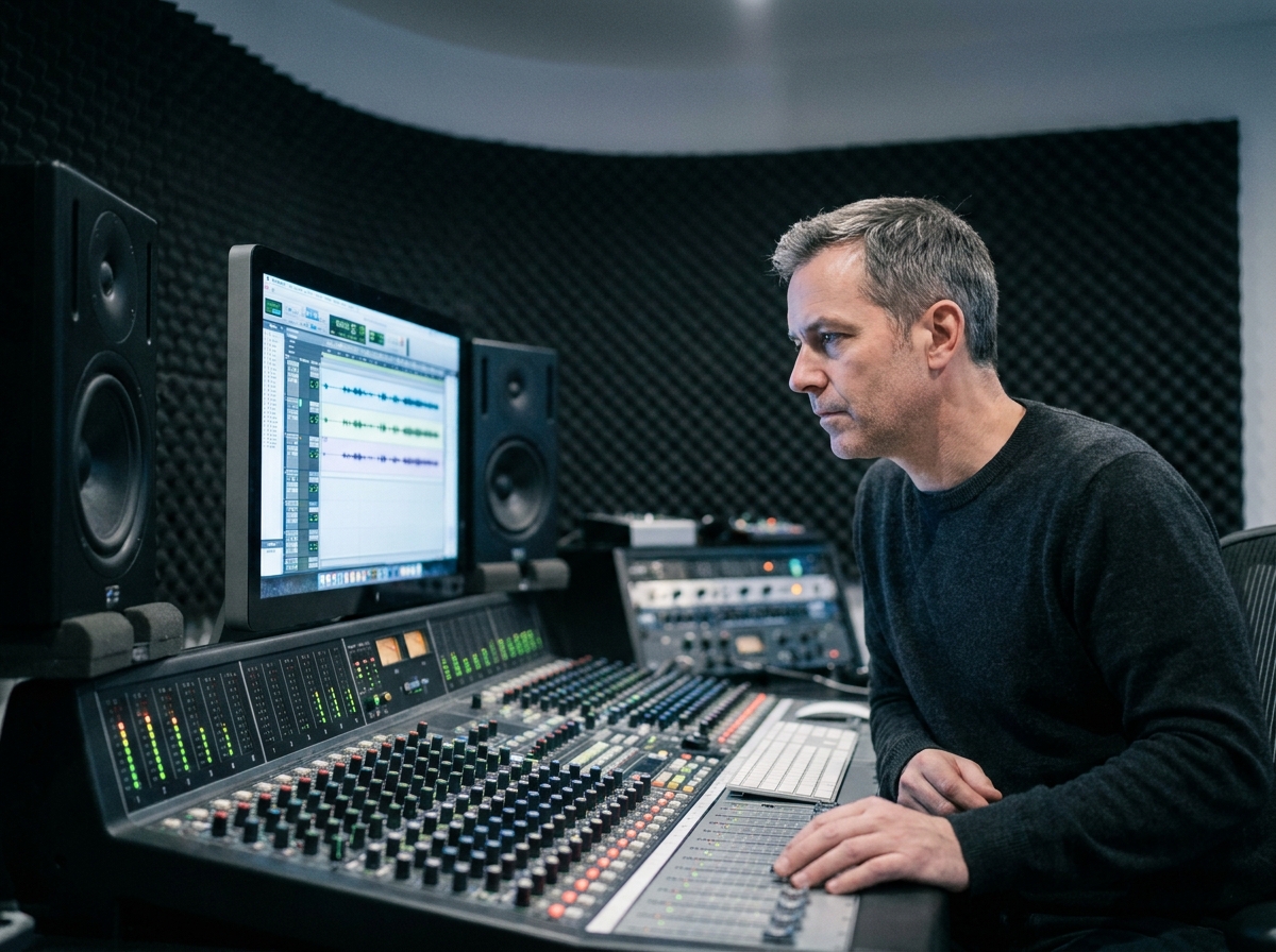 Ingénieur du son expérimenté travaillant sur une console de mixage professionnelle dans un studio d'enregistrement pour créer une identité sonore d'entreprise