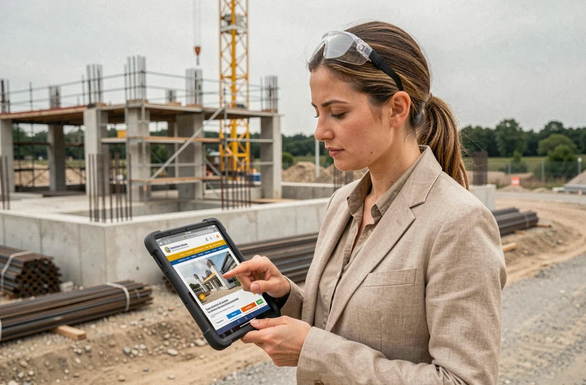 Ingénieure en génie civil consultant une plateforme de chantier en ligne sur une tablette sur un chantier de construction actif
