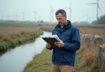 Inspecteur environnemental examine un formulaire près d'une rivière