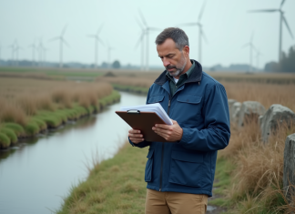 Contrôle de conformité environnementale : Comment le réaliser efficacement ? Inspecteur environnemental examine un formulaire près d'une rivière