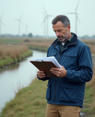 Inspecteur environnemental examine un formulaire près d'une rivière