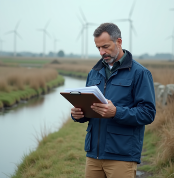 Inspecteur environnemental examine un formulaire près d'une rivière
