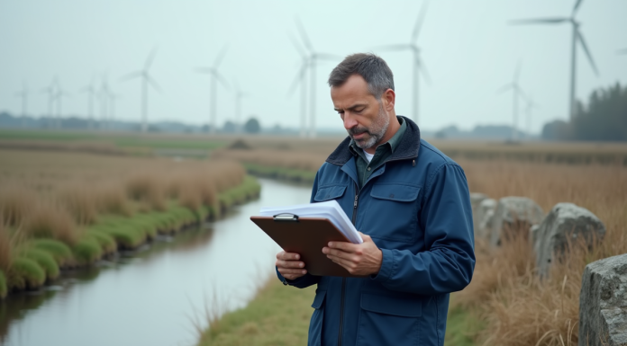 Inspecteur environnemental examine un formulaire près d'une rivière