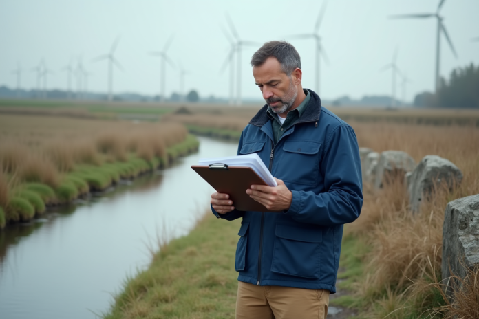 Inspecteur environnemental examine un formulaire près d'une rivière