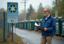Conformité environnementale : définition, enjeux et obligations en France Inspecteur environnement extérieur vérifiant signalisation recyclage