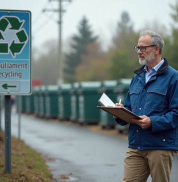Conformité environnementale : définition, enjeux et obligations en France Inspecteur environnement extérieur vérifiant signalisation recyclage