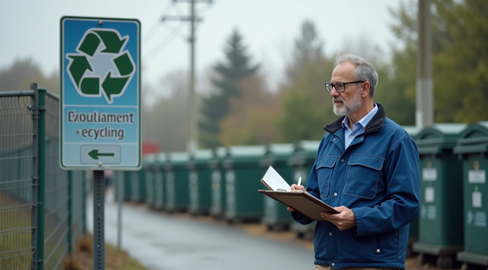 Inspecteur environnement extérieur vérifiant signalisation recyclage