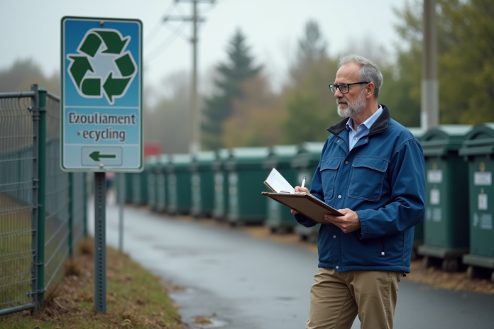 Inspecteur environnement extérieur vérifiant signalisation recyclage