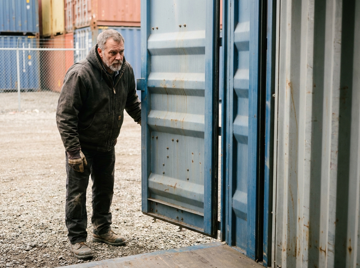 Acheteur inspectant un container maritime de 20 pieds dans un entrepôt de vente, portes ouvertes