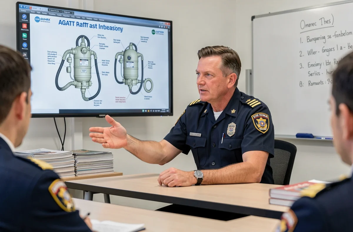 Instructeur sapeur-pompier présentant les schémas techniques d'un appareil respiratoire isolant AGATT lors d'une session de formation en salle