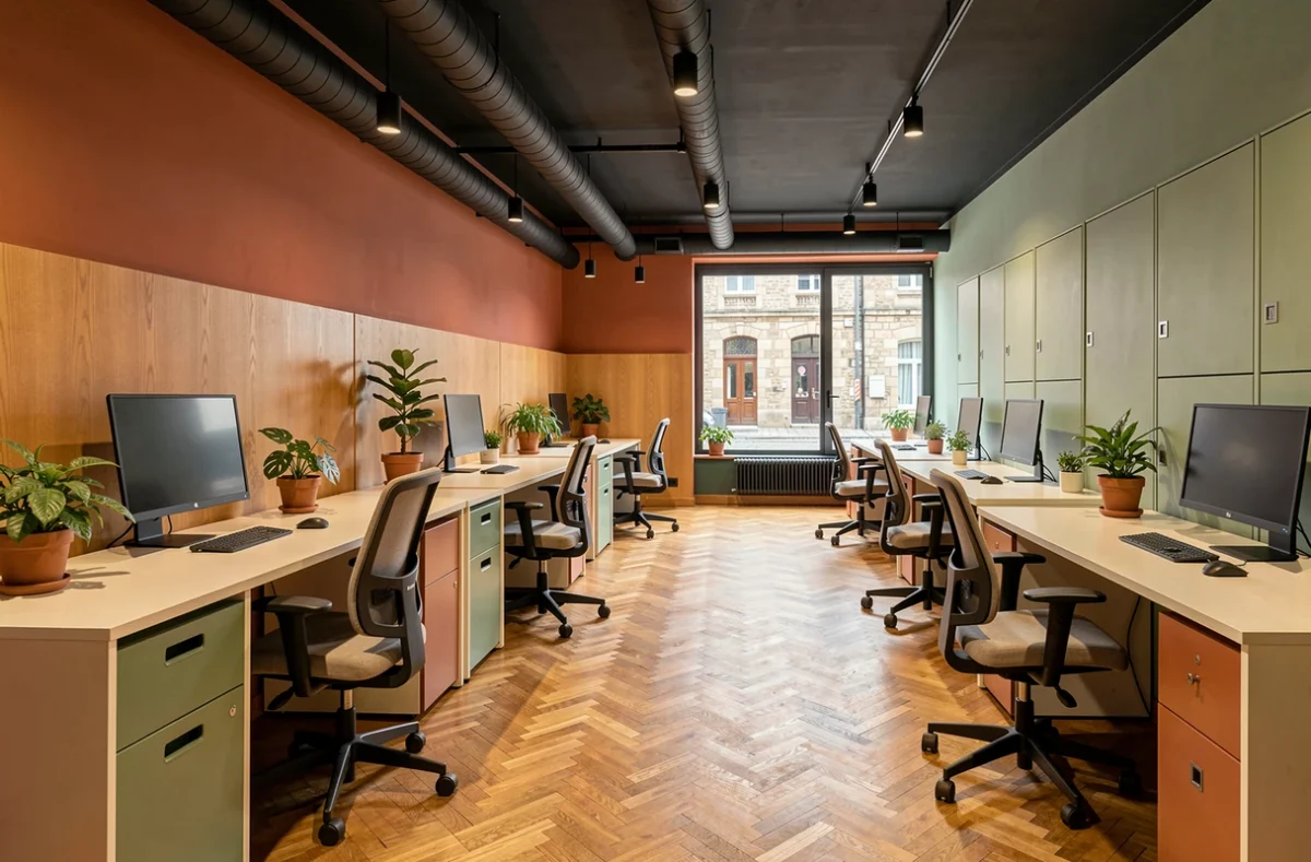 Intérieur d'un espace de coworking vide et moderne à Pau avec postes de travail ergonomiques