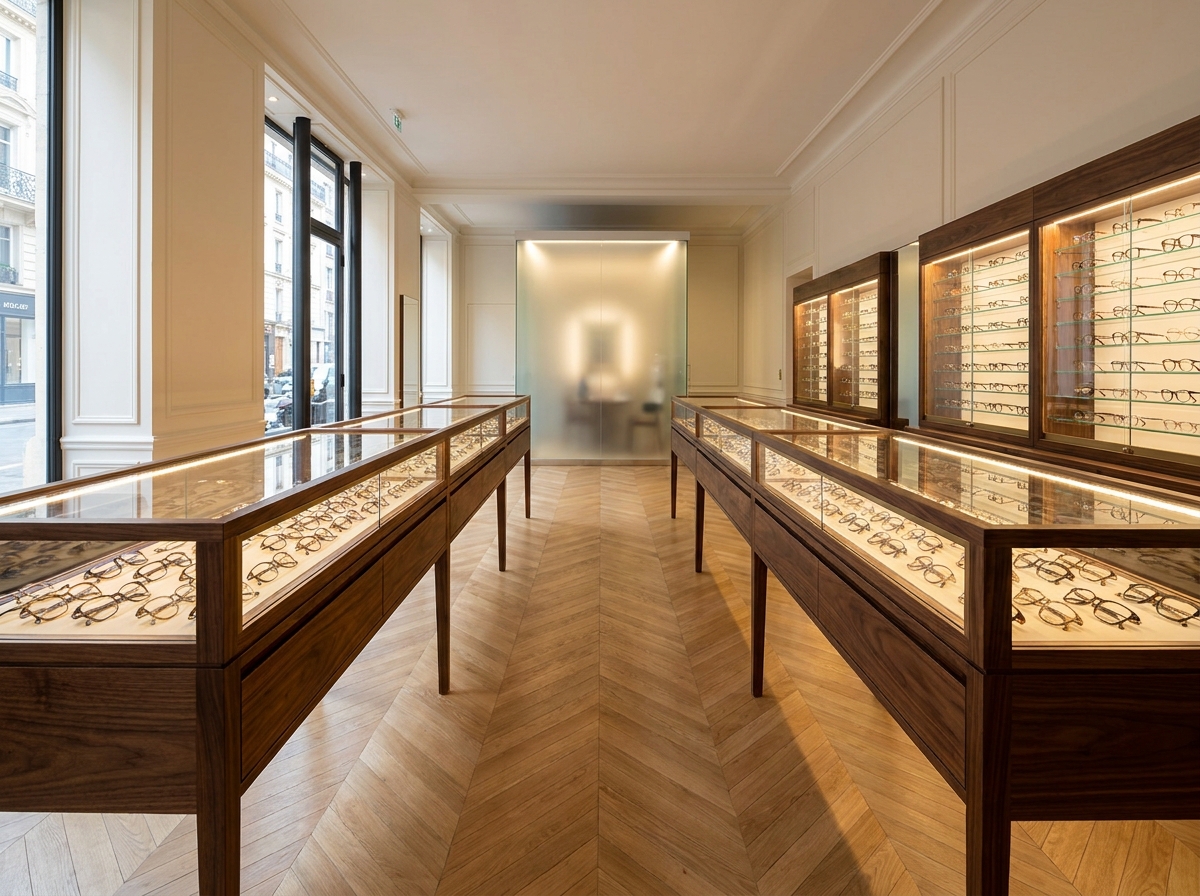 Intérieur vide d'une optique parisienne haut de gamme avec présentoirs de montures de créateurs et parquet en point de Hongrie